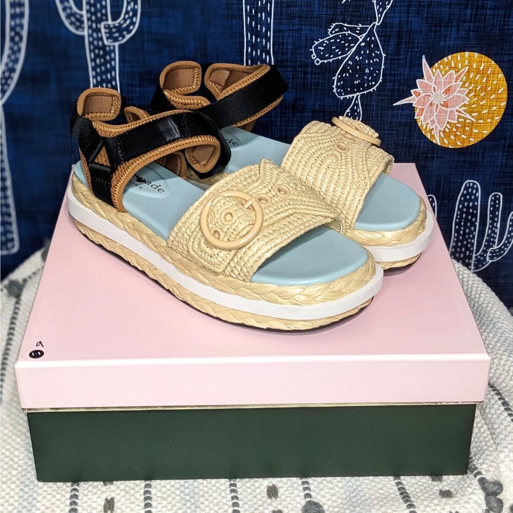 Kate Spade Acapulco Raffia Platform Sandals Natural Gingerbread Women's Size 9B - Picture 5 of 12
